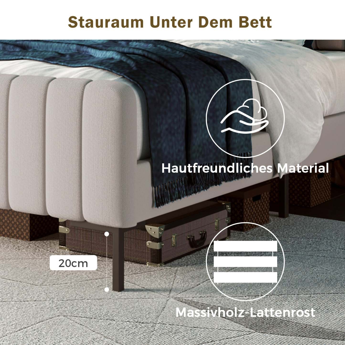 Polsterbett Doppelbett, Bettgestell mit Lattenrost und Verstellbares Kopfteil, Gepolstertes bett in 