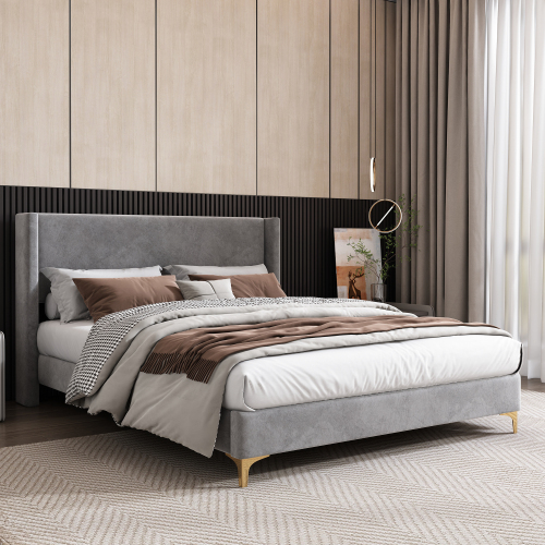 Polsterbett, Bett mit Lattenrost, hohes Kopfteil, gepolstertes Kopfteil, 140 x 200cm