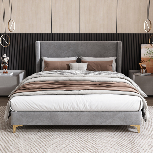 Polsterbett, Bett mit Lattenrost, hohes Kopfteil, gepolstertes Kopfteil, 140 x 200cm