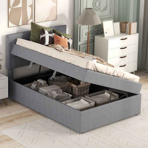 Polsterbett, Einzelbett mit Lattenrost aus Metallrahmen, Großer Stauraum, 90x200cm. 