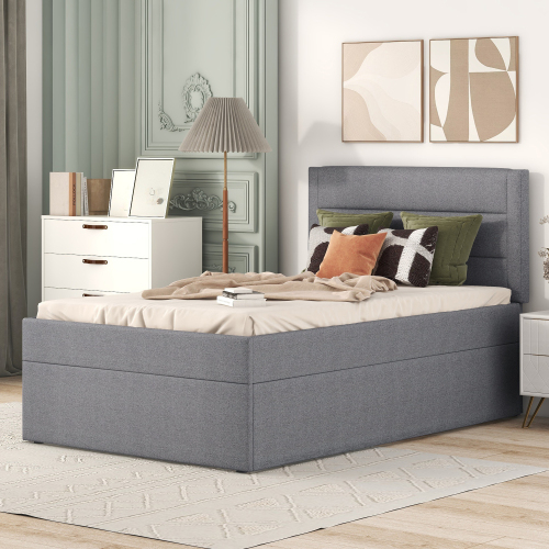 Polsterbett, Einzelbett mit Lattenrost aus Metallrahmen, Großer Stauraum, 90x200cm. 