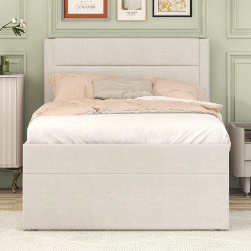 Polsterbett, Einzelbett mit Lattenrost aus Metallrahmen, Großer Stauraum, Beige, 200x90cm.