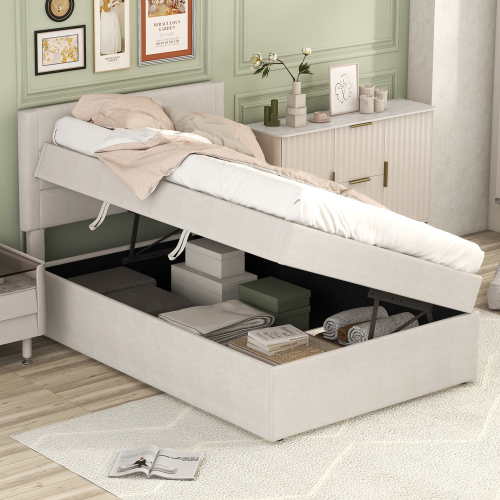 Polsterbett, Einzelbett mit Lattenrost aus Metallrahmen, Großer Stauraum, Beige, 200x90cm.
