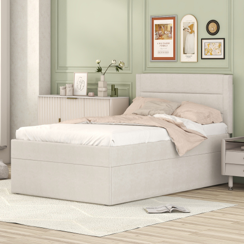 Polsterbett, Einzelbett mit Lattenrost aus Metallrahmen, Großer Stauraum, Beige, 200x90cm.