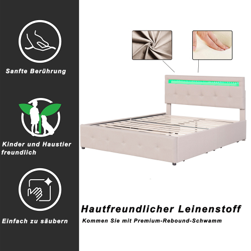 Mit LED, Lattenrost & Bettkasten auf Rollen,, mit Kopfteil & 4 Schubladen