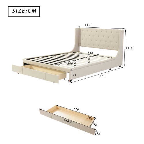 Doppelbett mit Rückenlehne und großen Schubladen-OKWISH