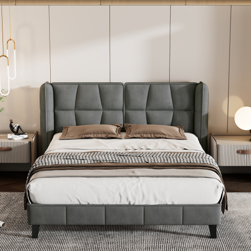 Polsterbett mit Lattenrost und Kopfteil, Jugendbett, Holzlattenunterstützung, Einfache Montage, Samt