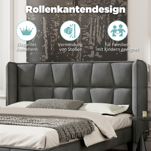 Polsterbett mit Lattenrost und Kopfteil, Jugendbett, Holzlattenunterstützung, Einfache Montage, Samt