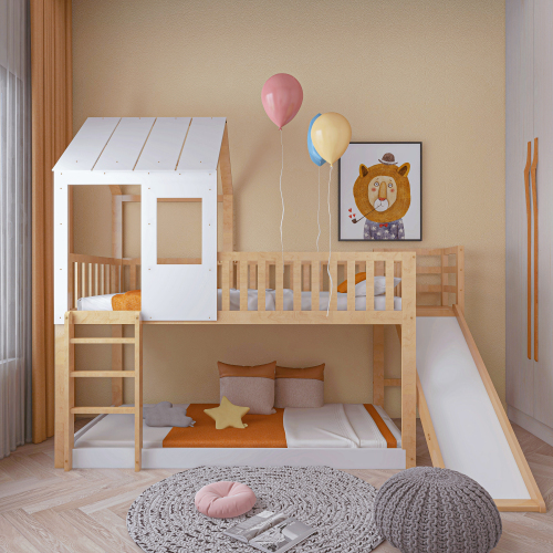 Eckiges Etagenbett mit Leiter und Rutsche für zu Hause-OKWISH