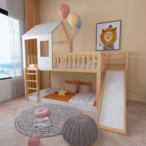 Eckiges Etagenbett mit Leiter und Rutsche für zu Hause-OKWISH