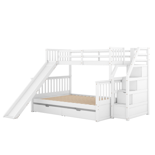 90 x 200 über 140 x 200 Etagenbett mit Schubladen, Stauraum und Rutsche, multifunktional