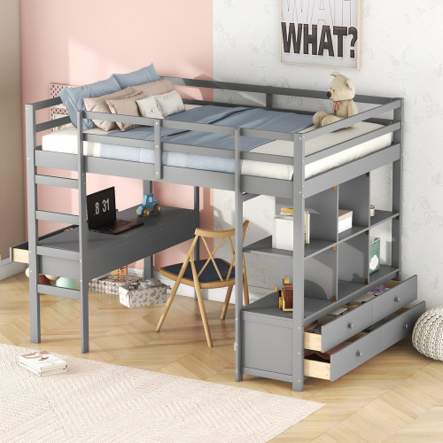 Kinderhochbett mit Stauraumschubladen und Unterbettschreibtisch