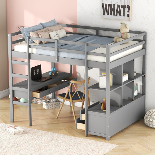 Kinderhochbett mit Stauraumschubladen und Unterbettschreibtisch
