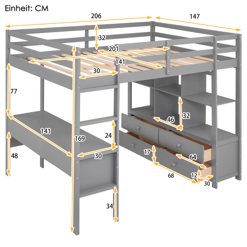 Kinderhochbett mit Stauraumschubladen und Unterbettschreibtisch