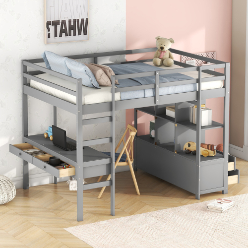 Kinderhochbett mit Stauraumschubladen und Unterbettschreibtisch
