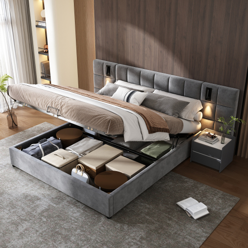 Stauraumbett mit richtungsabhängige Lampe und USB-Aufladung,Breites und Schaumstoffgefülltes Kopfteil,Schachbrettmuster, aus Stahlrahmen, Ohne Nachttisch