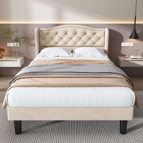 Stilvolles Soft-Polsterbett mit samtigen Kopfteil, Knopf-Dekor und stabilen Holzplatten