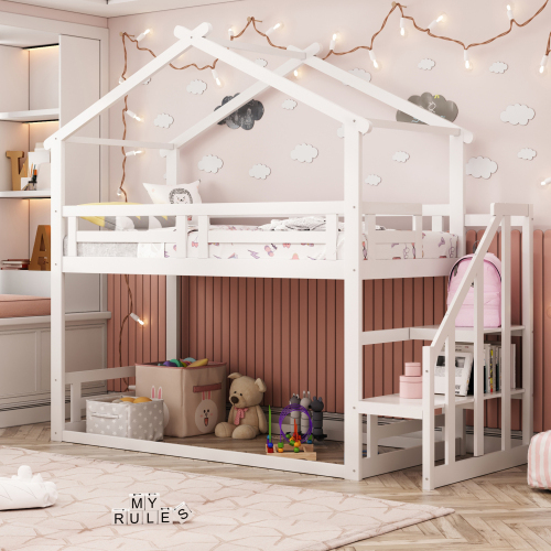 Niedriges Etagenbett für Kinder mit Sicherheitstreppe-OKWISH