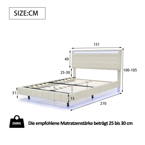 Polsterbett, gepolsterter Schwebebettrahmen mit LED-Leuchten und Kopfteildesign