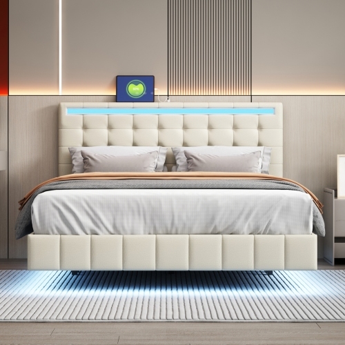 Polsterbett, gepolsterter Schwebebettrahmen mit LED-Leuchten und Kopfteildesign