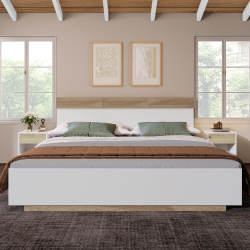 Doppelbett Holzbett Schwebebett mit Kopfteil aus Bettgestell &Lattenrost Set in Eiche Sonoma