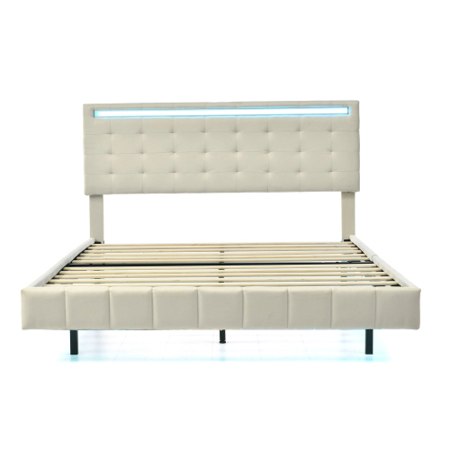 Polsterbett, gepolsterter Schwebebettrahmen mit LED-Leuchten und Kopfteildesign