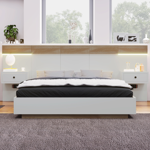 Doppelbett Bettanlage mit 2 LED Nachtkomoden& USB C Steckdose 160 x 200 cm Holzbett inkl. 2 Nachttischen Schlafzimmer Komplett--205x264x90.5 cm(T/B/H) Set in Eiche Sonoma/Weiß(Ohne Matratze)