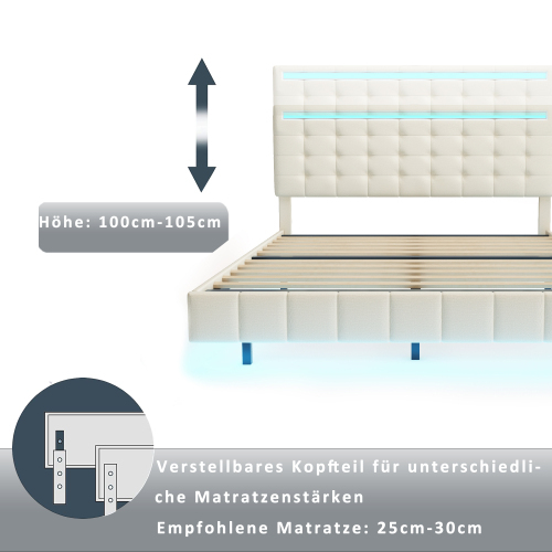 Polsterbett, gepolsterter Schwebebettrahmen mit LED-Leuchten und Kopfteildesign