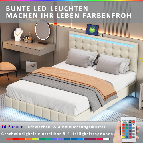 Polsterbett, gepolsterter Schwebebettrahmen mit LED-Leuchten und Kopfteildesign
