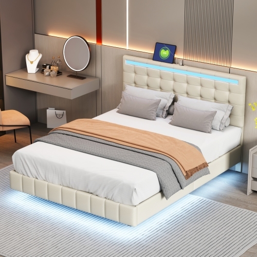 Polsterbett, gepolsterter Schwebebettrahmen mit LED-Leuchten und Kopfteildesign