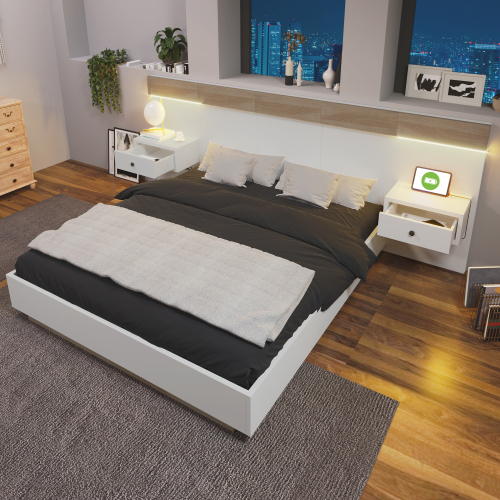 Doppelbett Bettanlage mit 2 LED Nachtkomoden& USB C Steckdose 160 x 200 cm Holzbett inkl. 2 Nachttischen Schlafzimmer Komplett--205x264x90.5 cm(T/B/H) Set in Eiche Sonoma/Weiß(Ohne Matratze)