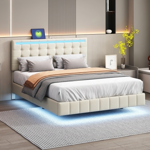 Polsterbett, gepolsterter Schwebebettrahmen mit LED-Leuchten und Kopfteildesign