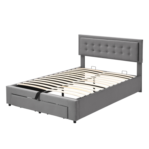 Bett mit Kasten und Schubladen, Samtstoff, Polsterbett, Lattenrost, Doppelbett, großer Stauraum