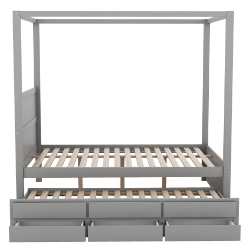 140 x 200 Himmelbett, Pritsche mit ausziehbarem Einzelbett und drei Ablagefächern
