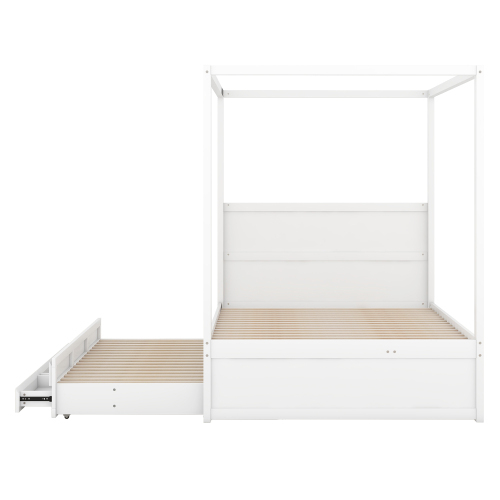 140 x 200 Himmelbett, Pritsche mit ausziehbarem Einzelbett und drei Ablagefächern