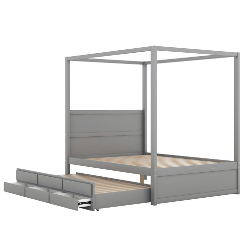 140 x 200 Himmelbett, Pritsche mit ausziehbarem Einzelbett und drei Ablagefächern