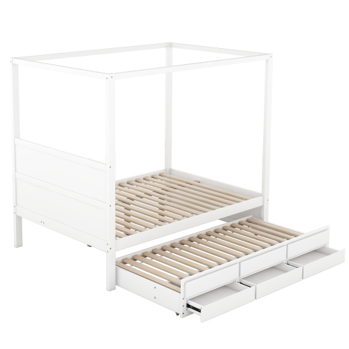 140 x 200 Himmelbett, Pritsche mit ausziehbarem Einzelbett und drei Ablagefächern