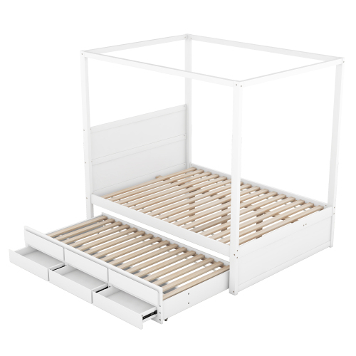 140 x 200 Himmelbett, Pritsche mit ausziehbarem Einzelbett und drei Ablagefächern