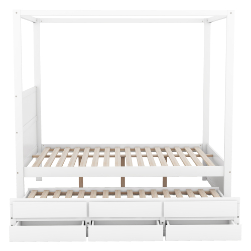 140 x 200 Himmelbett, Pritsche mit ausziehbarem Einzelbett und drei Ablagefächern