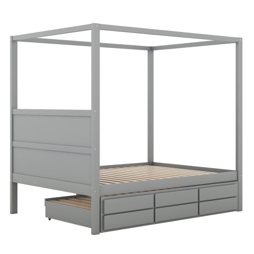 140 x 200 Himmelbett, Pritsche mit ausziehbarem Einzelbett und drei Ablagefächern