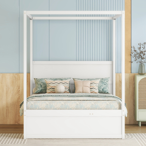 140 x 200 Himmelbett, Pritsche mit ausziehbarem Einzelbett und drei Ablagefächern