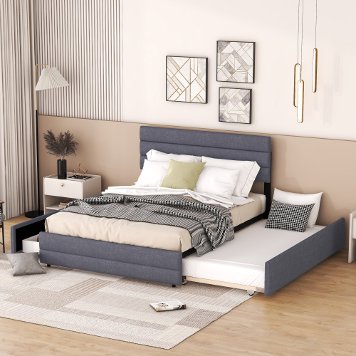 140 x 200 Plattformbett mit Räummaschine für zwei Personen und zwei Schubladen