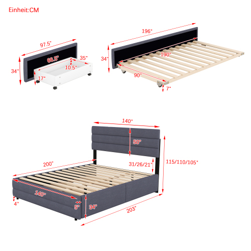 140 x 200 Plattformbett mit Räummaschine für zwei Personen und zwei Schubladen