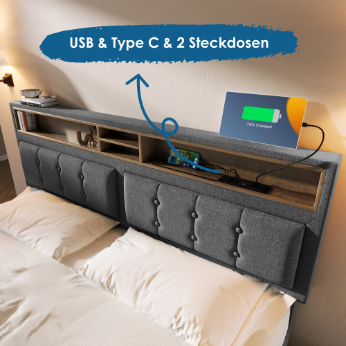 Mit 4 Schubladen& USB C Steckdose, Polsterbett , Höhenverstellbarem Kopfteil, Lattenrost aus Holz