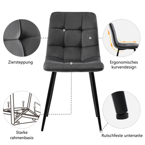 Schwarz Esstisch mit 4 Stühlen Set,Moderne Küche Esstisch Set, Dunkelgrau Samt Esszimmerstühle