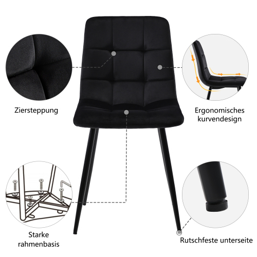 Schwarz Esstisch mit 4 Stühlen Set,Moderne Küche Esstisch Set, Schwarz Samt Esszimmerstühle