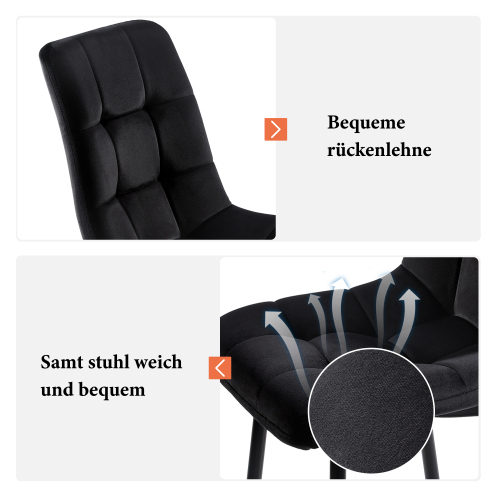 Schwarz Esstisch mit 4 Stühlen Set,Moderne Küche Esstisch Set, Schwarz Samt Esszimmerstühle
