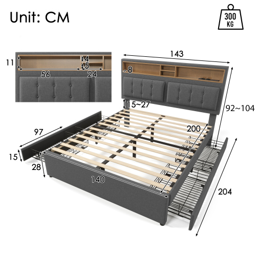 Mit 4 Schubladen& USB C Steckdose, Polsterbett , Höhenverstellbarem Kopfteil, Lattenrost aus Holz