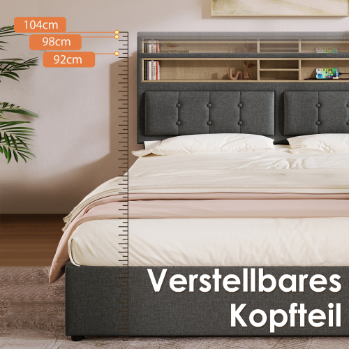 Mit 4 Schubladen& USB C Steckdose, Polsterbett , Höhenverstellbarem Kopfteil, Lattenrost aus Holz