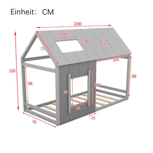 90 x 200 Kinderbett, Kinderbett in Hausform, Einzelhaus-Flachbett mit Dach und Fenster